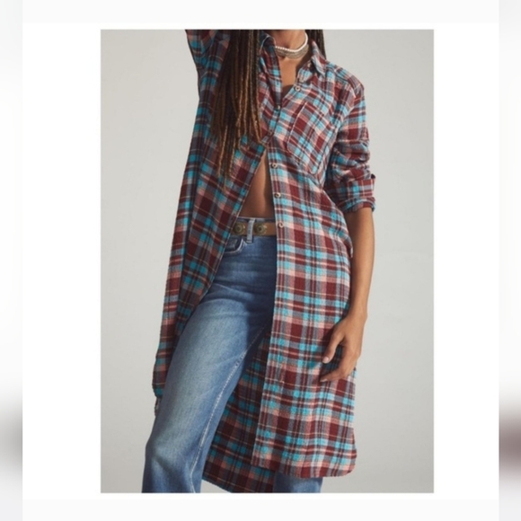 Pilcro Tops - Pilcro Long Plaid Button-Up Shirt Dress in Teal and Burgundy